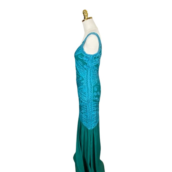 JS Collections Teal Soutache Sequin Mermaid Gown Art Deco V-Neck Formal Dress - Picture 5 of 9